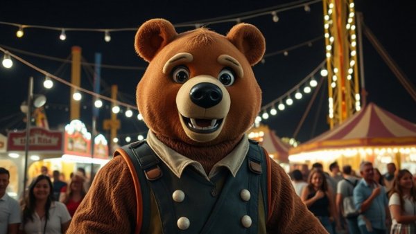 Animatronic bear at nighttime fair, vibrant carnival scene.