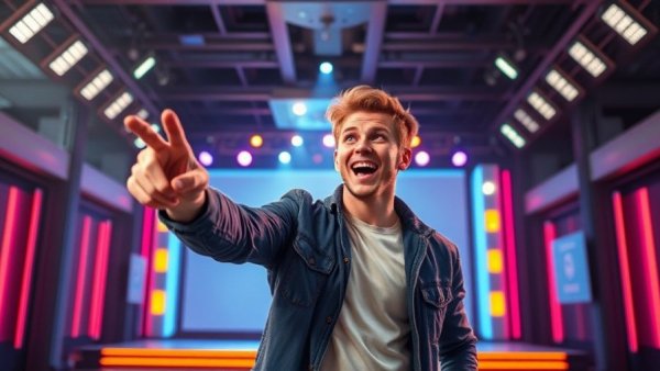 Excited young man in a dim studio pointing at the camera.