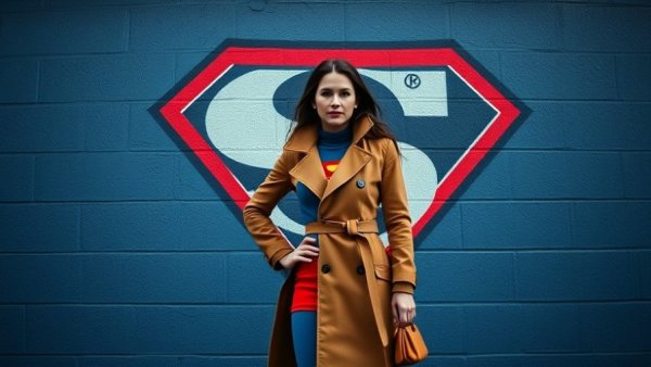 Supergirl in a brown coat, emblem backdrop, superhero movie scene.