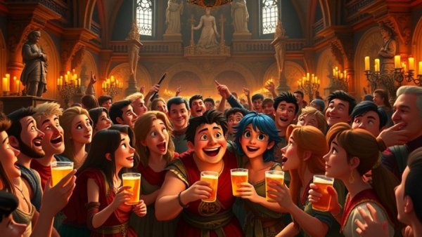Colorful medieval party scene with characters celebrating in ornate hall.