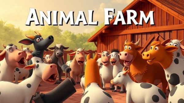 Animal Farm insights illustration with animated farm animals and speaker.
