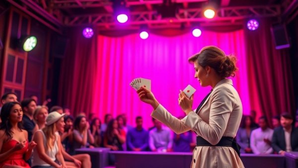 Magic act with female magician performing card trick on AGT stage.