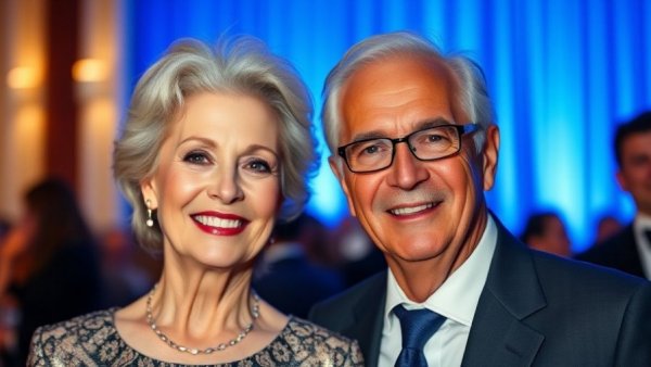 An older couple smiling at a formal event with a blue background.