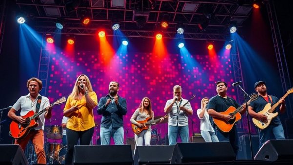 Energetic live performance of Journey's Don't Stop Believin' on stage with colorful lights.