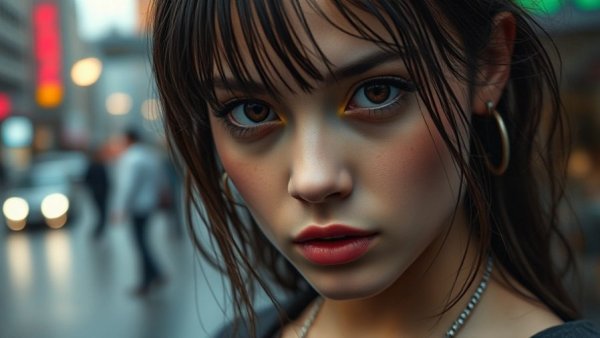 Close-up of young woman in urban setting, wet hair, intense gaze.