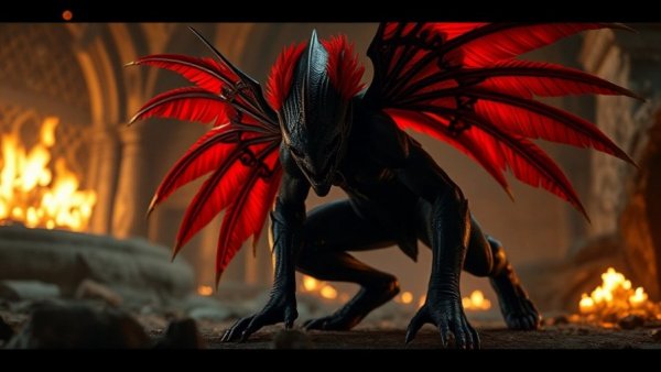 Alien warrior with red feathers in dim environment, Avatar Fire & Ash bathroom breaks.