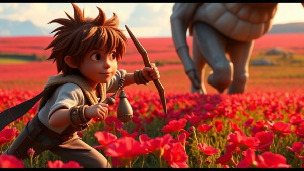 Animated scene from the family movie 'David vs Goliath' with a young hero.