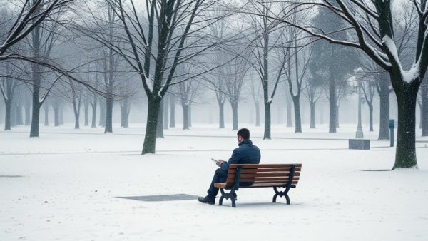 Introspective winter scene with a person on a snowy bench.