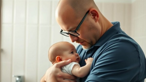 Bald man holding baby in blue shirt and glasses in dim bathroom setting.