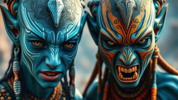 Na'vi characters in 'Avatar 3' with contrasting expressions in vibrant colors.