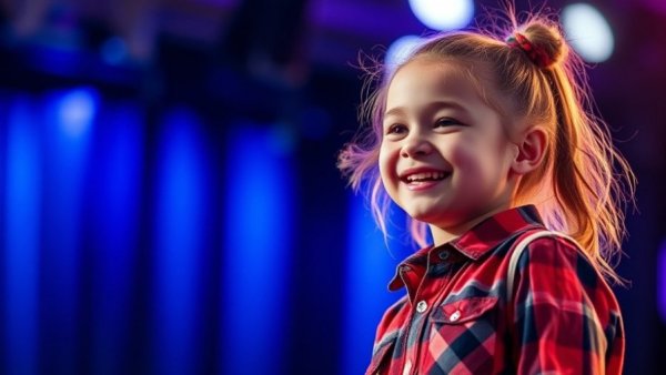 Young performer in red plaid shirt smiling on stage, AGT show.