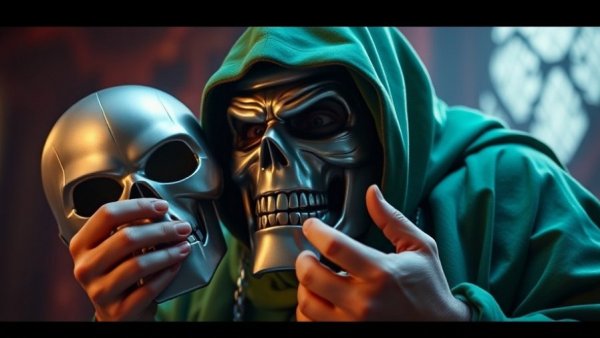 Person holding Doctor Doom mask, speaking on stage for Avengers Doomsday.