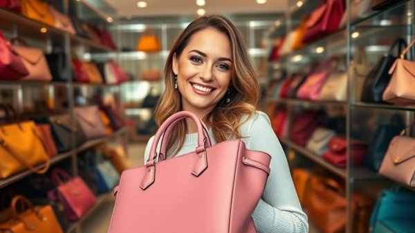 Smiling woman with luxury handbags in elegant display