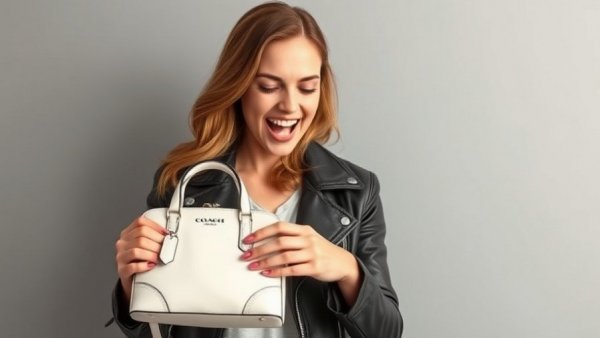 Excited woman holding a Coach bag, fashion deal excitement.