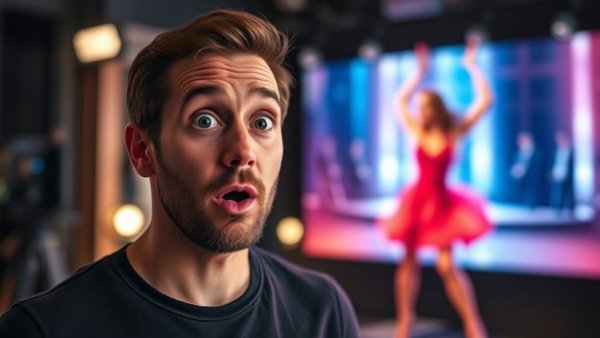 Breaking entertainment news: Surprised man with screen featuring blurred woman in studio.