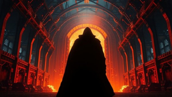 Figure standing before fiery portal in Star Wars: The Old Republic scene.