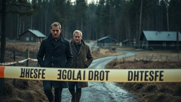 Tense scene from 'Land of Sin' Netflix miniseries at crime scene.