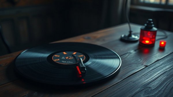 Mysterious vinyl record inspired by Stranger Things soundtrack on wood table.