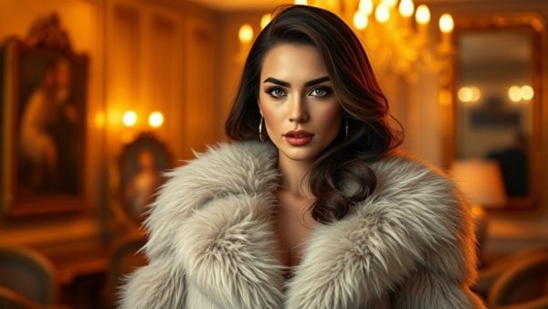 Fashionable winter outfit with luxurious fur coat, warm interior lighting.
