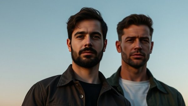 Casual portrait of two men under a dusk sky. Unauthorized Remix in Music Industry.