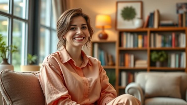 Cheerful woman in peach outfit smiling in cozy room with decor.