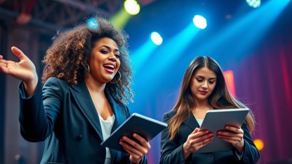 Performer's energetic stage hair moment reflects identity with confidence.