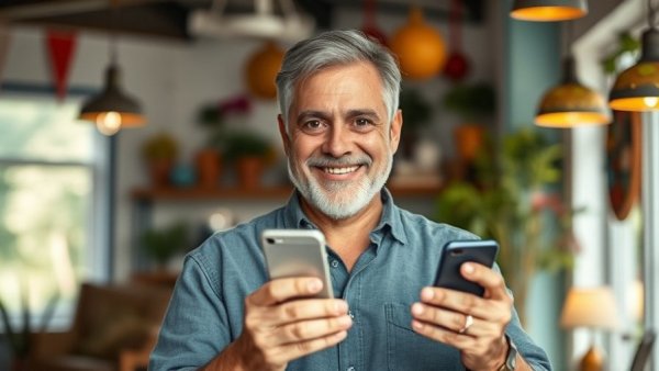 Man holding a smartphone, smiling in a vibrant indoor setting.