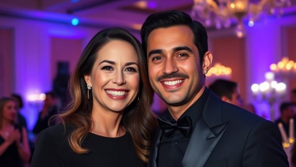 Elegant couple at an event, smiling warmly under ambient lighting.