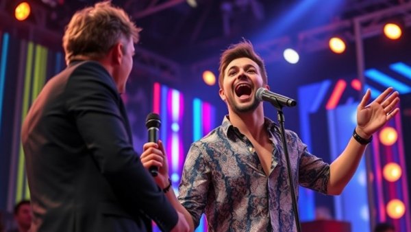 Excited singer on stage with impressed judge on The Voice, vibrant lights.