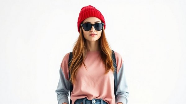 Casual woman in red beanie at the Golden Globes, modern setting.