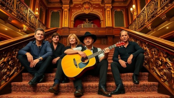 Band seated on an ornate staircase in a vintage theater, playing Grateful Dead songs with Bob Weir.