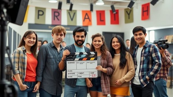 American Idol bloopers on set with crew and clapperboard.