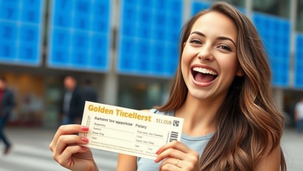 Where dreamers become IDOLS: Excited woman holds a golden ticket outdoors.