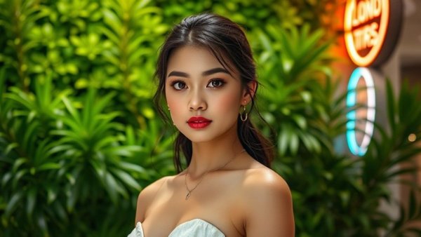 Elegant young woman stands against lush green foliage.