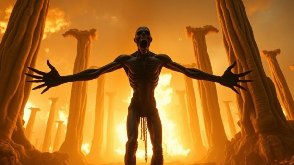 The Bone Temple insights: Terrifying humanoid figure amidst fiery pillars.