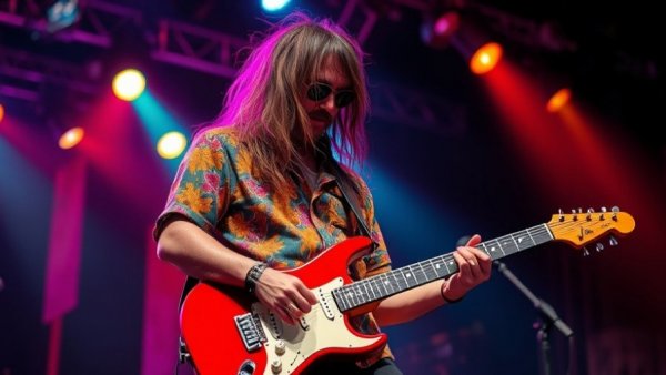Musician performing on stage with vibrant lighting, wearing colorful shirt.