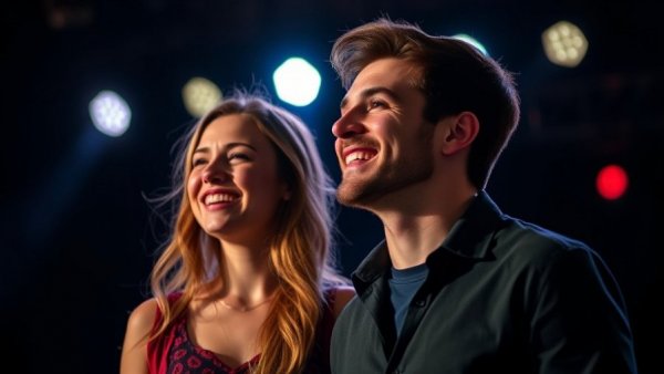 Cinematic photo of young performers on stage for American Idol new season, vibrant atmosphere.