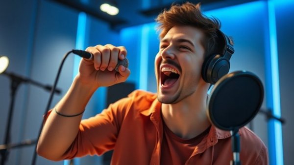 Energetic singer performing passionately on stage in new season of American Idol.