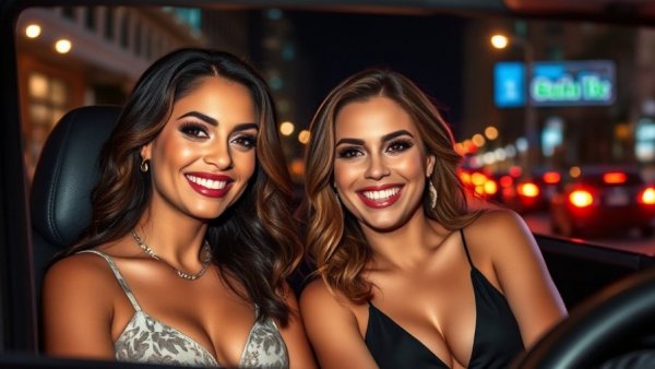 Glamorous women smiling at night city event.