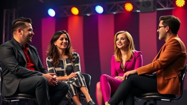 Queer Eye cast discussing on colorful stage, lively conversation.