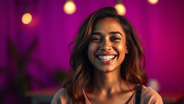 Hannah Harper inspires with a confident smile in a vibrant setting.