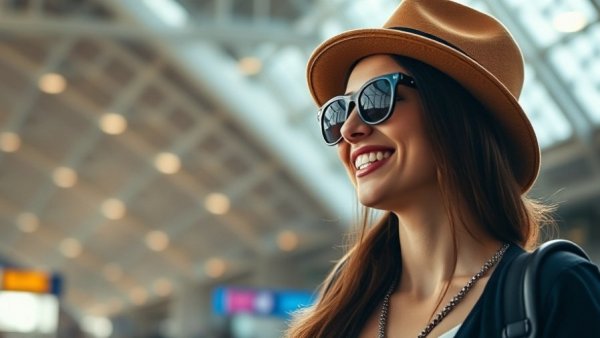 Stylish woman in sunglasses at airport discussing Oscar predictions.