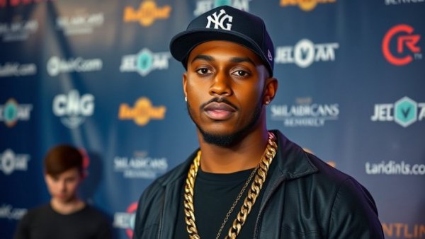 Stylish man at event backdrop with logos, photorealistic.