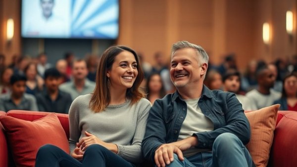 America's Got Talent Cuddle Sesh cozy moment on red couch.