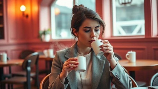 Fashionable woman in cafe talking about Southern Charm relationship dynamics.