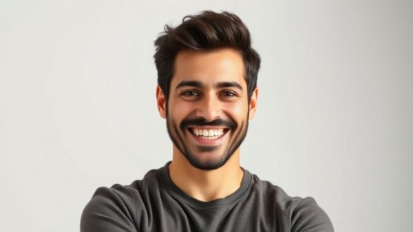 Confident individual smiling and making a statement in a studio setting.