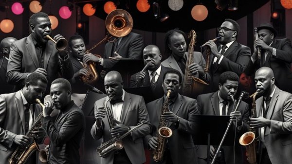 Vintage photo collage of jazz centennials of 1926, diverse musicians.