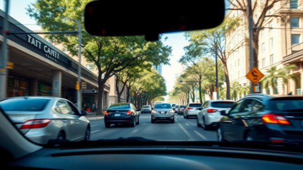 Blurry street view from a car window in an urban setting.