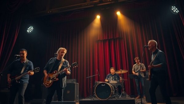 Dimly lit band performing on stage with moody lighting.