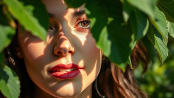 Serene woman with sunlight and dappled shadows on face in garden.